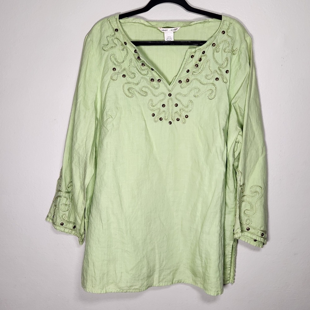 Edward Womens 2X Green 100% Linen Embroidered Studded Boho Tunic Top Artisanal